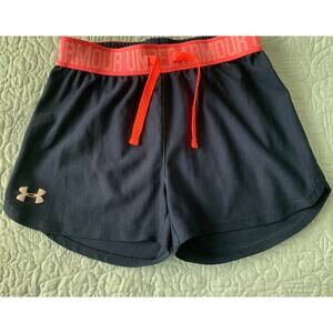 UNDER ARMOUR MID RISE SHORTS GIRLS, M, BLUE WITH ORANGE/PINK TRIM, HEATGEAR NWOT